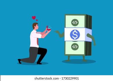 A man knelt and gave the diamond ring to the bundle of banknotes . Which means that he loved his money  so much that he would marry it. The lonely wealthy man.