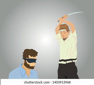 Man with knife beheading blinfolded prisoner