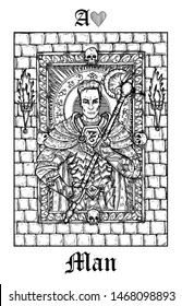 Man or knight. Tarot card from vector Lenormand Gothic Mysteries oracle deck. Black and white engraved illustration. Fantasy and mystic line art drawing. Gothic, occult and esoteric background