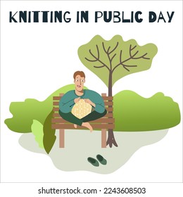 A man knits in a public place, a park.
World knitting day in public places. Hobby time. Vector cute flat cartoon. Handmade concept. Cartoon character.