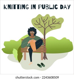 A man knits in a public place, a park.
World knitting day in public places. Hobby time. Vector cute flat cartoon. Handmade concept. Cartoon character.