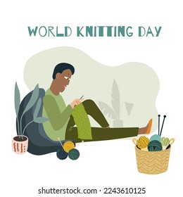 A man knits in a public place, a park.
World knitting day in public places. Hobby time. Vector cute flat cartoon. Handmade concept. Cartoon character.