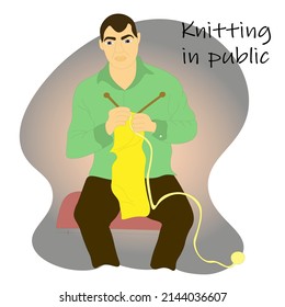 Man Knits Scarf While Sitting On Bench. Hobby Time For Knitting Needles And Threads. World Knitting Day In Public Places. Vector Cute Flat Cartoon Illustration. Handmade Concept.