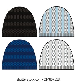 Man knitted cap. Set of knit winter caps, jacquard, stock vector.