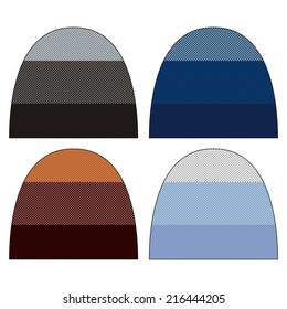 Man knitted cap. Set of knit winter caps, tartan, stock vector.