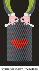 Man is knitting heart. Cute vector illustration for the Valentine`s day.