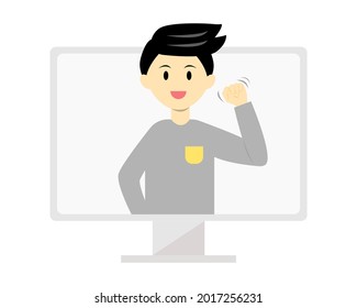 Man knocking computer's screen to say hi everyone cartoon vector