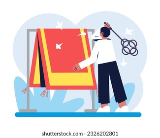 Hombre sacando el polvo de una gran alfombra. Inicio de pequeñas empresas. Es hora de limpiar alfombras profesionales. Concepto de empresa de limpieza. Ilustración plana vectorial en colores azules