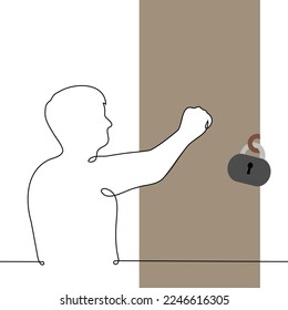 man knocking on the door closed with a big lock - one line drawing vector. concept or metaphor for fruitless and meaningless attempts and actions, doomed to failure in advance
