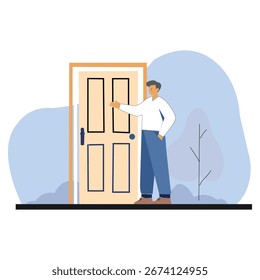 Homem batendo na ilustração da porta, visitante na porta da frente clipart, desenho animado pessoa batendo vetor, homem de design plano na entrada da casa, gráfico de batida da porta para a visita à casa