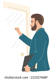 A man knocks on the door with a commercial offer. Flat vector illustration.