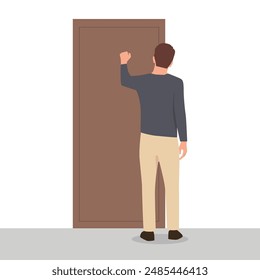 Man knocks on door when comes to visit friend or company office to get job. Flat vector illustration isolated on white background