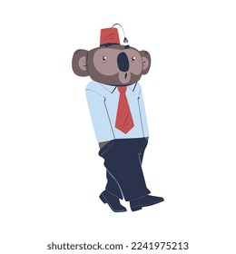 Man Koala Character with Animal Head Walking Wearing Fez Hat and Business Suit Vector Illustration