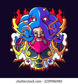 the man and kraken cartoon vector illustration