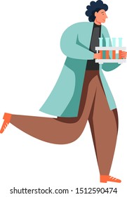 Man lab attendant running with test tubes, vector flat illustration isolated on white background. Scientific research, science experiment concept for website page etc.