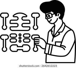A man in a lab coat is examining a skeleton with a pair of tweezers. He is focused and attentive, possibly trying to identify or study the bones. The skeleton is positioned in the foreground