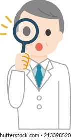A man in a lab coat has a magnifying glass.
