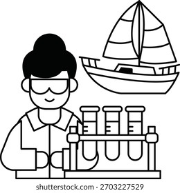 Um homem de jaleco está segurando um copo e um barco está ao fundo. O homem está sorrindo e está feliz