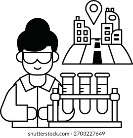 A man in a lab coat is holding a beaker and looking at it. The image is of a city with buildings in the background