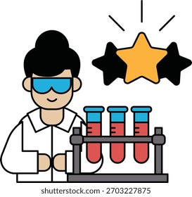 Un hombre con bata de laboratorio sostiene un vaso de precipitados y sonríe. La Imagen se titula "Stars" y presenta una estrella sobre el hombre