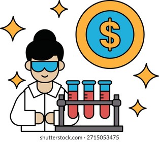 Ein Mann im Laborkittel, der einen Becher mit einem Dollarzeichen im Hintergrund hält. Konzept der wissenschaftlichen Forschung und der Wert des Geldes bei der Finanzierung