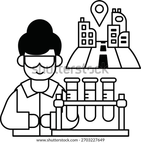 A man in a lab coat is holding a beaker and looking at it. The image is of a city with buildings in the background