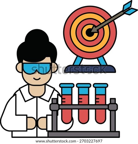 A man in a lab coat holding a beaker with a target in the background. Concept of scientific research and the importance of precision and accuracy in experiments