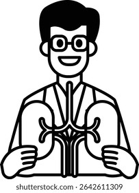 A man in a lab coat holding a book with a heart on the cover. He is smiling and he is happy