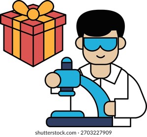Um homem com um jaleco está segurando uma caixa e um microscópio. O homem está sorrindo e está feliz. Conceito de excitação e curiosidade sobre o conteúdo da caixa