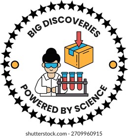 A man in a lab coat is holding a box of red liquid. The image is titled Big Discoveries and is powered by science
