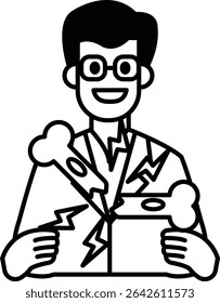 A man in a lab coat holding a broken bone. He is smiling and he is happy