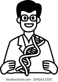 A man in a lab coat is holding a DNA strand. He is smiling and he is happy