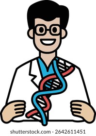 A man in a lab coat holding a DNA strand. He is smiling and he is happy