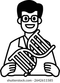 A man in a lab coat holding a DNA strand. He is smiling