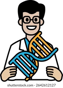 A man in a lab coat holding a DNA strand. He is smiling and he is happy