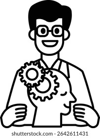 A man in a lab coat is holding a head with gears on it. The man is smiling and he is happy. Concept of curiosity and wonder about the workings of the human brain