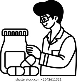 A man in a lab coat is holding a jar of pills. He is smiling and he is happy