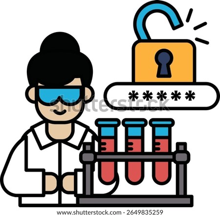A man in a lab coat is holding a key and looking at a lock. The lock is on a table with three test tubes on it. The man is wearing goggles and he is focused on the lock