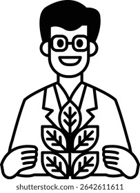 Um homem de jaleco segurando uma planta. Ele está sorrindo e é feliz