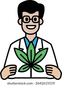 Um homem com um jaleco segurando uma planta verde folhosa. Ele está sorrindo e é feliz