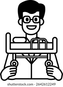 A man in a lab coat holding a medical cart. He is smiling and he is happy