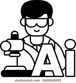 A man in a lab coat is holding a microscope and smiling. The word AI is written below him In black and white line style