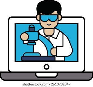 A man in a lab coat is holding a microscope and smiling. The image is of a computer monitor displaying the man