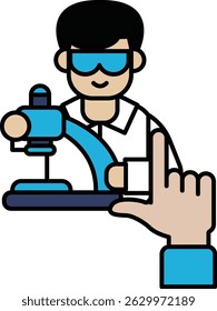 Um homem com um jaleco está segurando um microscópio e apontando para ele. Conceito de curiosidade e exploração científica