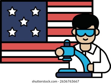 A man in a lab coat is holding a microscope and looking at an American flag. Concept of scientific exploration and discovery, as well as patriotism and pride in one's country