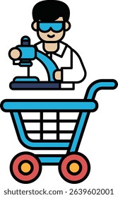 A man in a lab coat is holding a microscope and standing next to a shopping cart. Concept of curiosity and scientific exploration