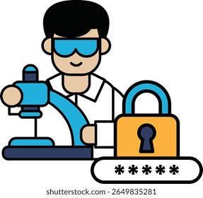 A man in a lab coat is holding a microscope and a key. Concept of unlocking a secret or discovering something new