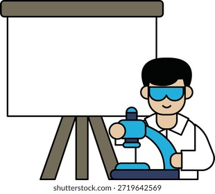 A man in a lab coat is holding a microscope. The image is a black and white drawing of a man in a lab coat holding a microscope