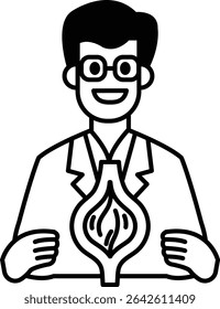 A man in a lab coat holding a model of a human body. He is smiling and he is happy
