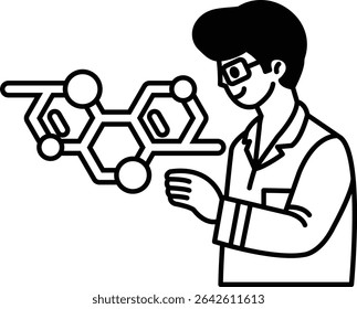 Ein Mann in einem Laborkittel hält ein Molekül in der Hand. Konzept der wissenschaftlichen Entdeckung und die Bedeutung des Verständnisses der Bausteine des Lebens. Der ernste Ausdruck des Mannes
